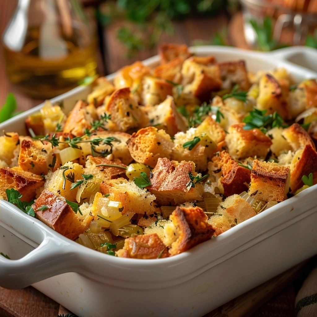 Oven-Baked Bread Stuffing with Chicken Broth Recipe